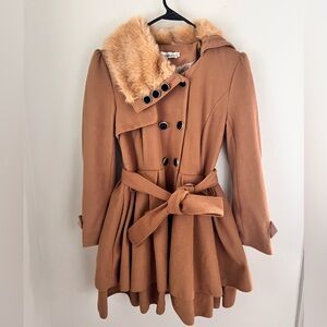 Tan Faux Fur Collar Trench Coat